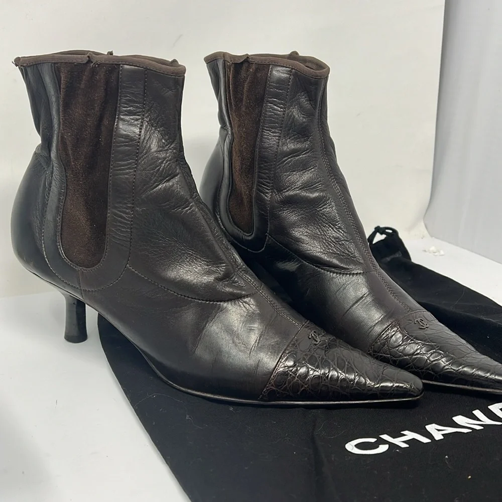 Chanel Sz 8 Brown Leather Croc and Suede Ankle Length Sock Kitten Heel Boots